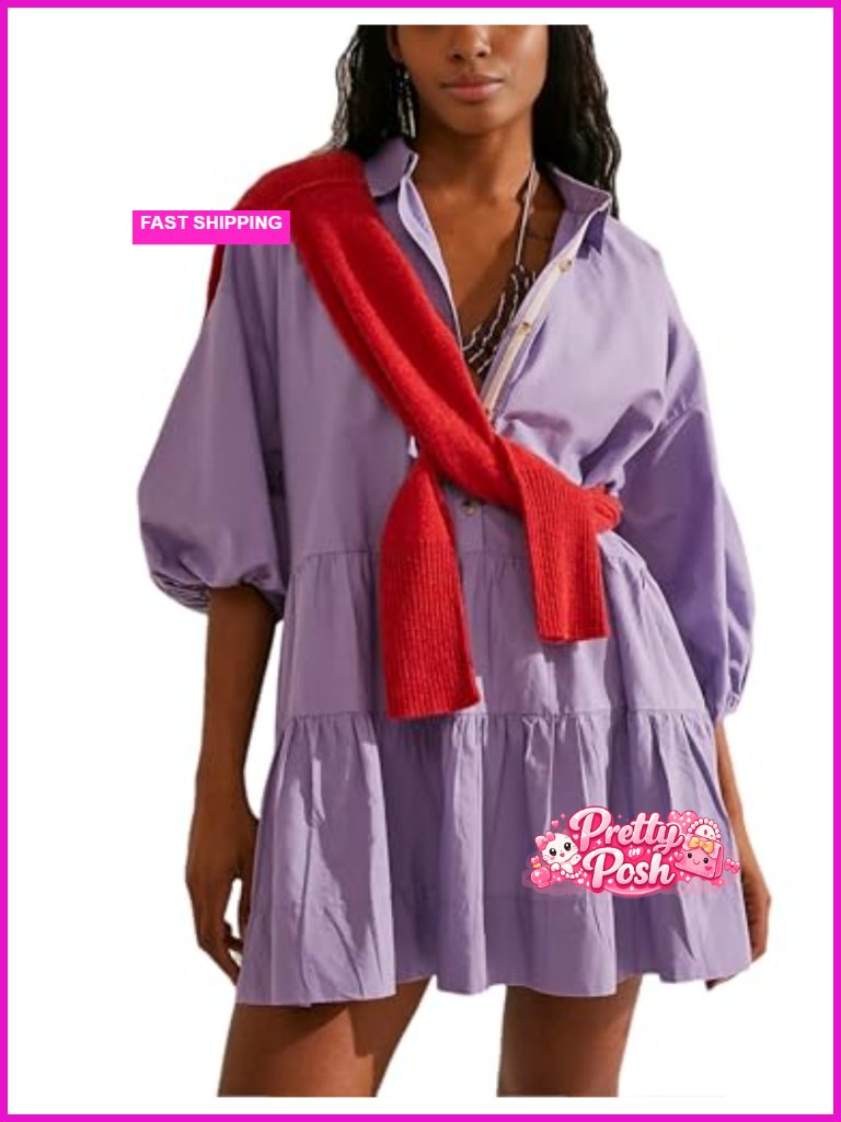 Women's Summer Babydoll Mini Dress Flowy Puff Sleeve Tiered Button Down
